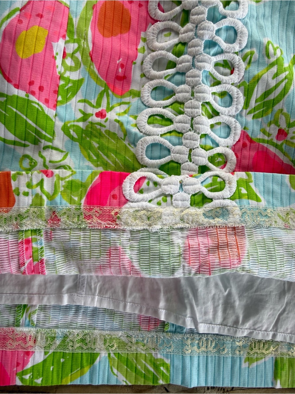Lilly Pulitzer Blue Pink Floral Shift Dress White Lace Trim Sleeveless - Picture 4 of 11